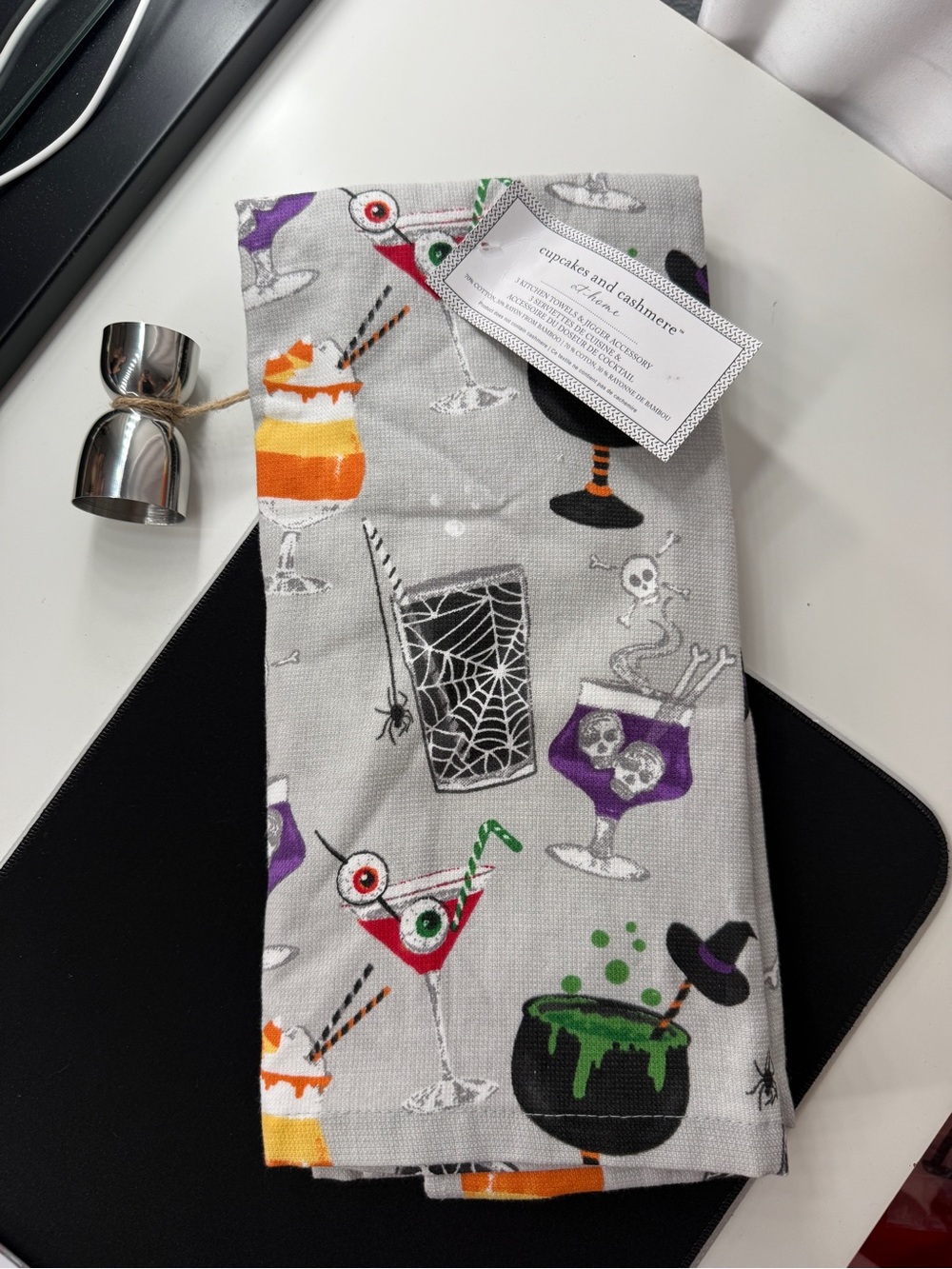 Cupcakes & Cashmere Set of 3 Creepy Cocktail Gray Kitchen Towels Set with Jigger